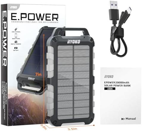 batterie externe solaire "power bank solaire 20000mah chargeur rapide 3 ports usb, entrée usb c, imperméable idéal pour téléphone, ordinateur et camping couleur gris"