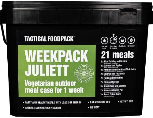 ration de survie longue durée "pack survie végétarien : 21 repas lyophilisés + sac chauffant, tactical foodpack weekpack juliett"