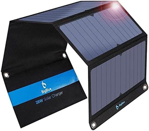 chargeur solaire pliable "bigblue chargeur solaire portable 28w avec ampèremètre & 2 ports usb idéal pour iphone, samsung, huawei"