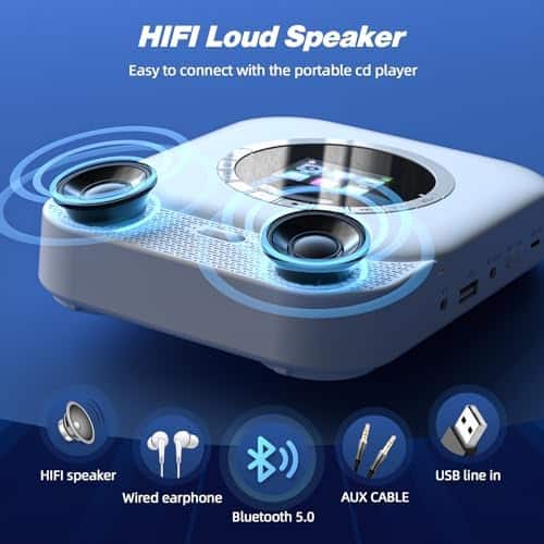 Émetteur récepteur portable "cd portable hifi avec bluetooth et écran led radio fm, haut parleurs intégrés (blanc)"