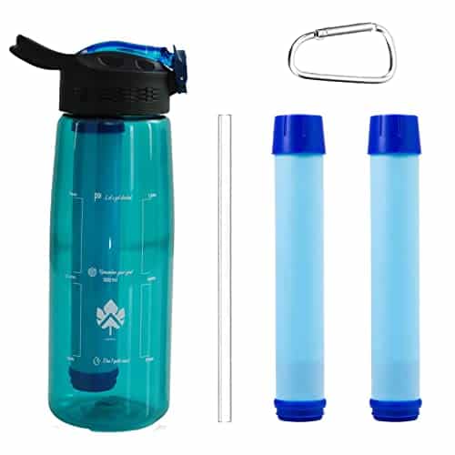 paille filtre eau non potable "gourde filtrante Écologique 3 en 1 légère pour randonnée & camping, avec filtre à charbon, paille de survie et boussole"