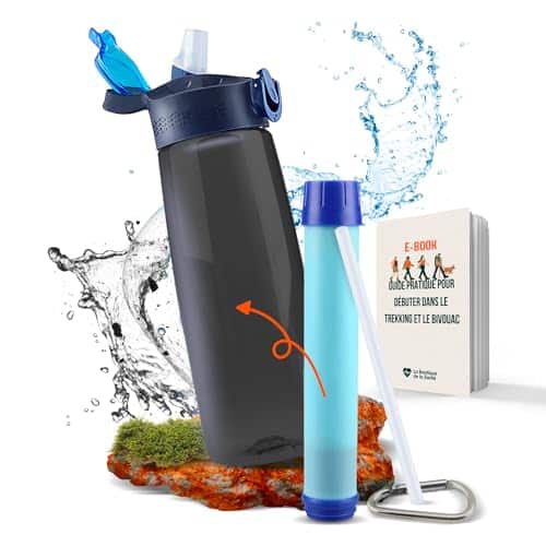 gourde avec filtre à charbon "gourde purifiante 650ml sans bpa avec filtre de charbon actif kit de survie randonnée, camping, trek, voyage paille et boussole inclus"