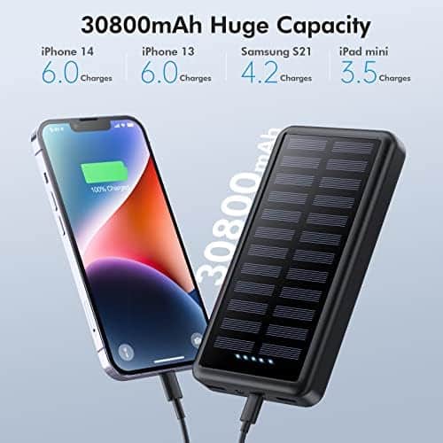 batterie externe solaire "power bank pxwaxpy 30800mah : chargeur solaire usb c, rapide pd 15w, 3 entrées/sorties, lampe led compatible iphone samsung"