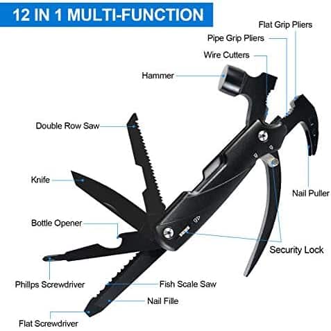 multi outils pour survie "marteau multi outils 12 en 1 honzin pour camping, chasse et randonnée acier inoxydable"