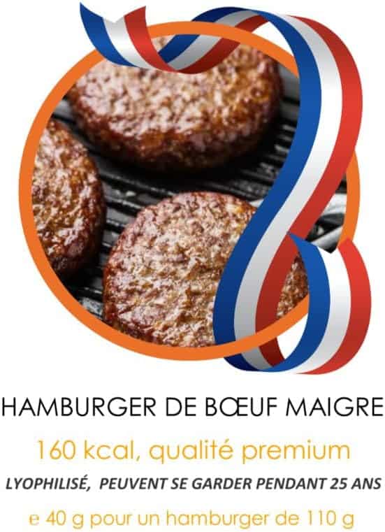 aliments lyophilisés "hamburgers lyophilisés longue conservation saveur intacte 25 ans!"
