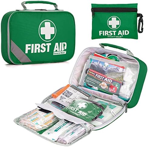 kit de premiers secours pour aventuriers "trousse premiers soins general medi 215 pièces + mini trousse 43 pièces offerte – idéale maison, voiture, camping, bureau, bateau, voyages vert"