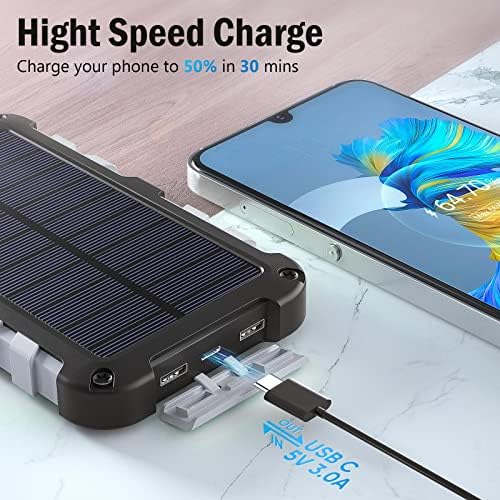batterie externe solaire "power bank solaire 20000mah chargeur rapide 3 ports usb, entrée usb c, imperméable idéal pour téléphone, ordinateur et camping couleur gris"